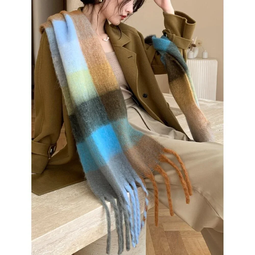 Women's Green Cyan Black Winter Warm Long Shawl Cold Weather Thick Blanket Scarf